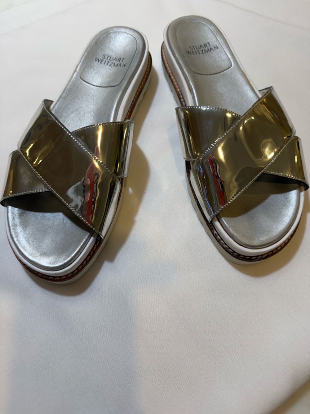 Stuart Weitzman Metallic Silver Cross-Strap Slides EUC SZ 9.5M